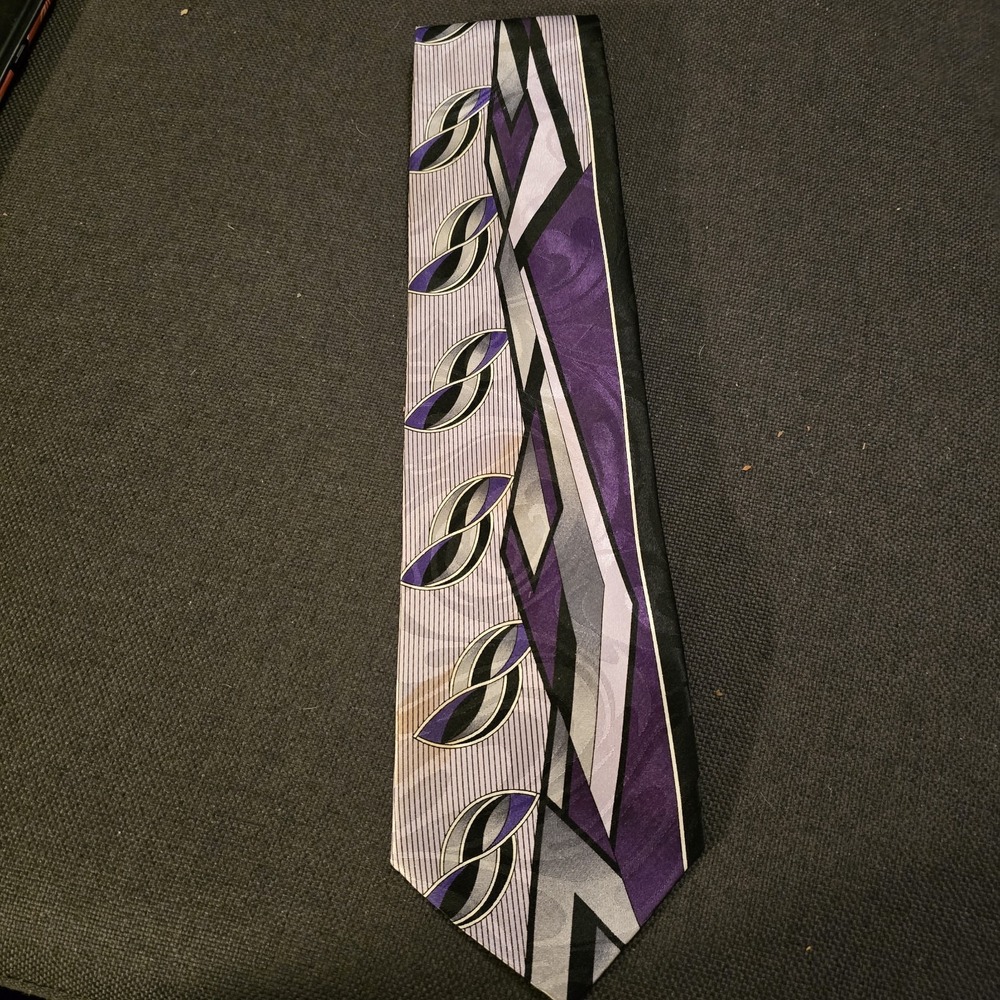 Gianno 80s Zuit Suit Style Purple Polyester Tie Multicolor Abstract Print Funky